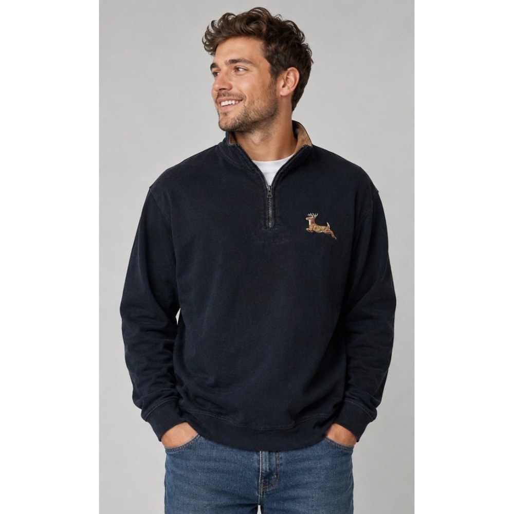 Vintage‎ Woodland Trail Mens Black Quarter Zip Sweatshirt Deer Embroidered L 90s